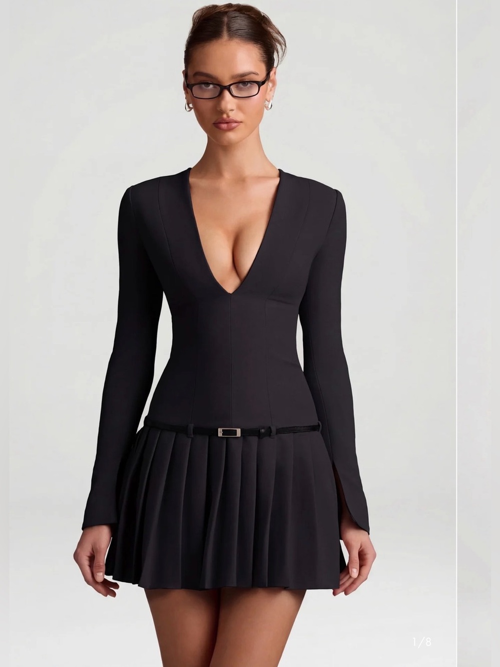 Oh Polly Fiorella Long-Sleeve Pleated Mini Dress in Black 6